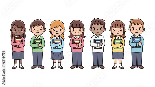 Classroom Companions: A heartwarming depiction of diverse children united in friendship, each clutching a book, embodying the spirit of learning and camaraderie in a vibrant classroom setting.