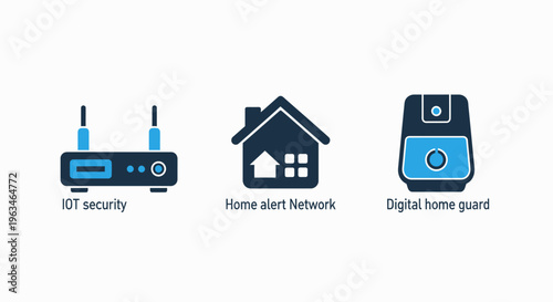 Smart home security and iot network protection vector icons illustrating a router, house alarm, and digital lock system in flat blue and navy colors for home automation and cybersecurity web design