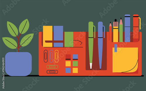 Desk Organizer with Pens Sticky Notes and Potted Plant on ShelfFlat Design