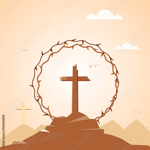 Wooden cross on rocky hill encircled by crown of thorns, symbolic Good Friday and Easter Christian faith illustration with desert mountains in minimalist vector style