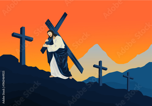Jesus carrying the cross across hills with distant crosses and mountains at sunset, dramatic Good Friday biblical scene in devotional vector illustration