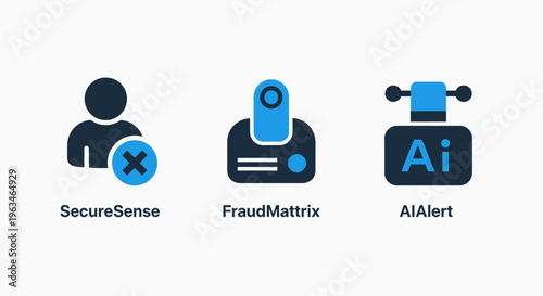 Security and artificial intelligence monitoring icons set featuring secure identification fraud analysis matrix and automated AI alerts for digital safety and threat detection network systems