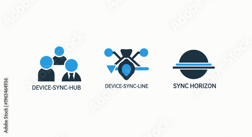 Corporate device sync hub and synchronization horizon icons set for networking, remote connectivity, and global technical data management, representing advanced digital communication and system archit