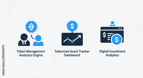 Set of financial analytics and token management icons for digital investment platform dashboards featuring blockchain technology and currency asset tracking symbols in a professional flat vector style