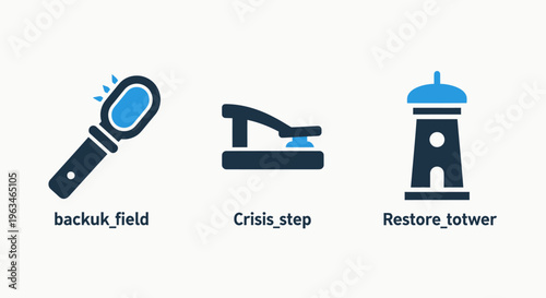Industrial maintenance icon set featuring backup field, crisis step, and restore tower for operational management, infrastructure repair, and system recovery workflows in professional engineering serv
