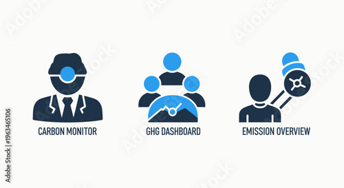 Carbon monitoring dashboard and emission overview icons for environmental impact analysis, climate tracking software, and corporate sustainability reporting tools on a clean white background format