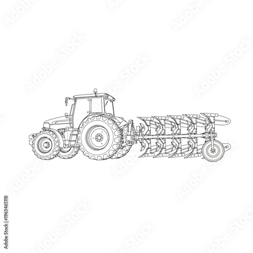 Minimalist line art vector tractor with plow for agriculture concepts