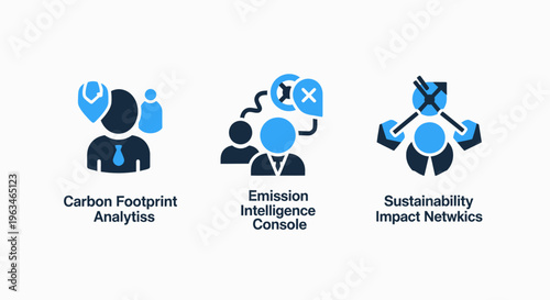 Sustainability analytics icon set with carbon footprint metrics, emission intelligence console, and impact networks for tracking climate data, corporate green initiatives, and environmental protection