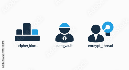 Set of abstract technical icons depicting cipher blocks, data vault security, and encrypted networking, modern flat blue and dark grey digital technology graphical symbols for computing interface UI d