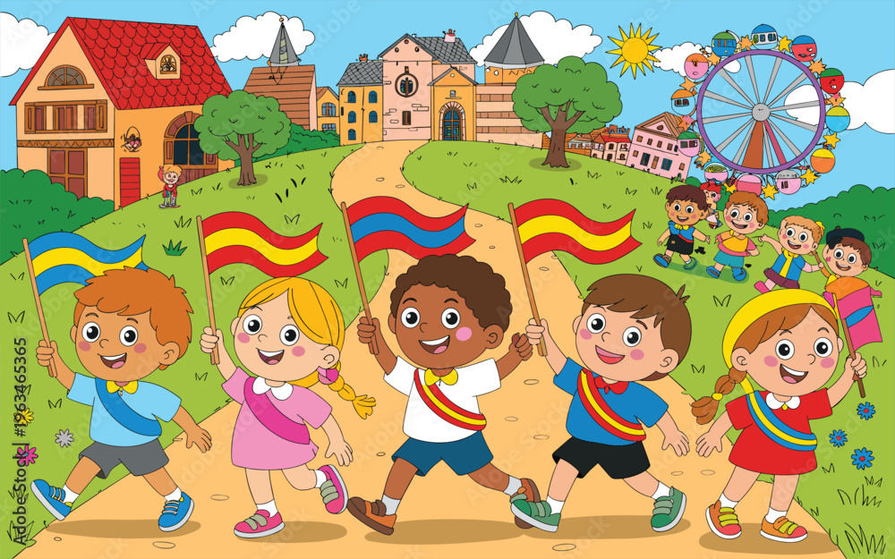Fototapeta premium Diverse Children Parade with Flags Through Cheerful Town Landscape Cartoon Style