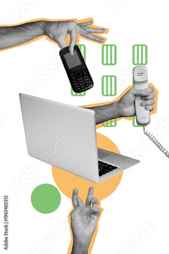Vertical photo collage of hands business cal center workers hold laptop mobile telephone handset rare service isolated on painted background