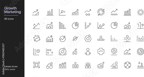 Fényképezés Growth marketing and data analytics icon set with thirty six linear symbols for