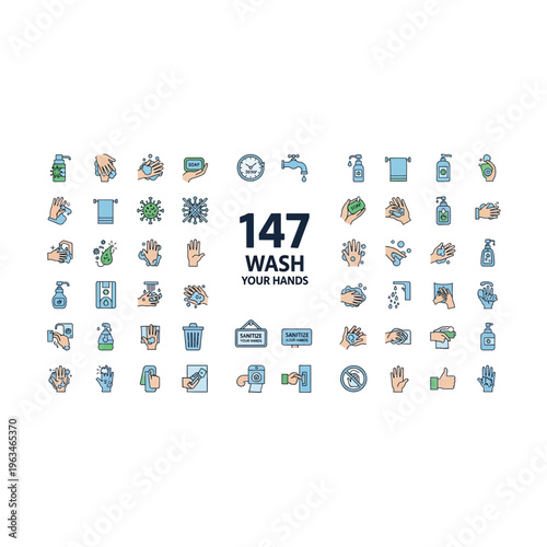 Comprehensive hand washing procedure icon set for hygiene and safety guidance