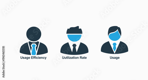 Business analytics icons set displaying user engagement, utilization rate, and usage metrics for corporate performance tracking and data visualization in a professional flat vector graphic style desig