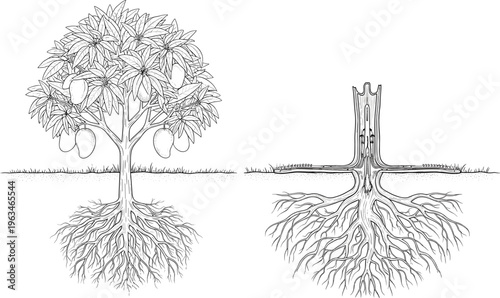 Mango tree with detailed root system botanical line art vector illustration showing plant structure growth underground roots and fruit bearing canopy