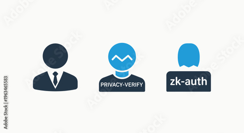 Digital privacy and authentication security icons: user identity, privacy versioning, and zero knowledge authorization concepts for cybersecurity
