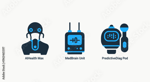 Set of medical technology icons representing AI health analysis, monitoring units, and predictive diagnostics for modern digital healthcare solutions and clinical data analytics concepts in a flat blu
