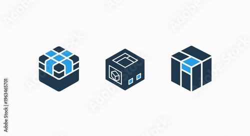 Modular architecture and data structure isometric icons, geometric blocks, construction planning and systematic organization visuals for digital infrastructure and spatial design concept development