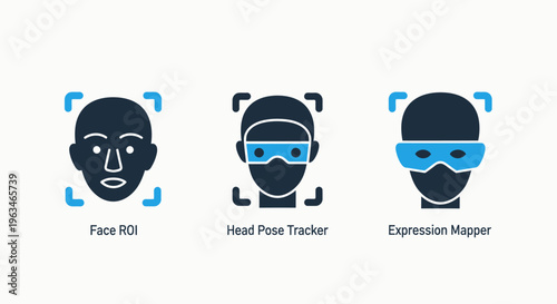 Set of biometric and facial recognition technology icons for security, eye tracking, and expression analysis