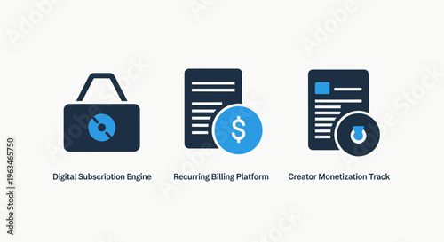 Set of modern digital finance and document icons representing copyright, payment, and file security