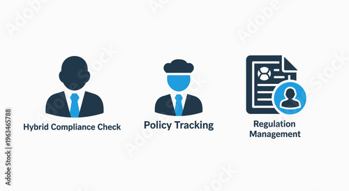 Corporate compliance and policy management icon set. vector icons representing regulatory check, policy tracking, and business governance for organizational audit and financial reporting systems