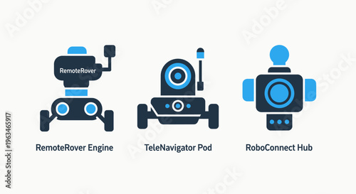 Remote rover engine and tele-navigator pod icons set for advanced technology connectivity hubs