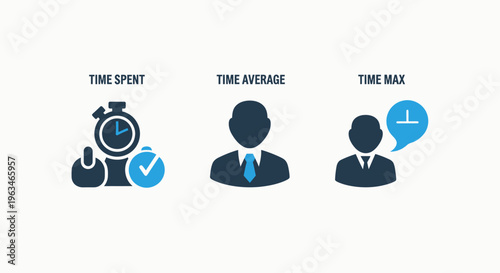 Time tracking and performance analytics icons including stopwatch, average business report, and maximum duration alert flat illustrations for productivity management and operational work efficiency