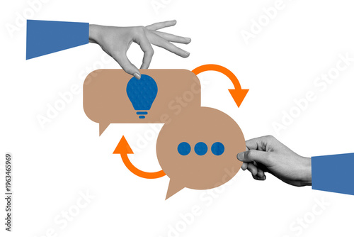 Fotografie Composite photo collage of hands exchange light bulb remorseful icon power text