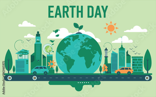 Earth Day Celebration Cityscape with Green Planet and Eco-Friendly Transport Flat Illustration Style