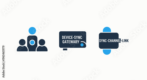 Device sync gateway and connectivity link icons with people group, network hardware, and technical transmission elements for modern digital system integration and wireless data communication flat desi