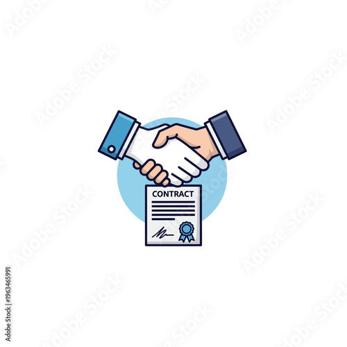 Business handshake over signed contract agreement illustration