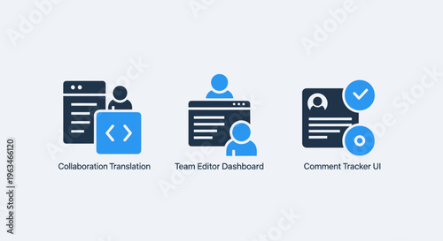Software development and project management icons, collaborator translator, generator, and technical support desk symbols for workflow automation, customer service, and development team environments