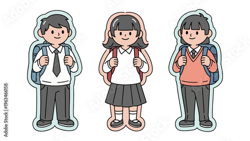 Cheerful Young Students Ready for School: Three students, full of optimism and ready to learn, stand side by side with their backpacks, symbolizing education, friendship.