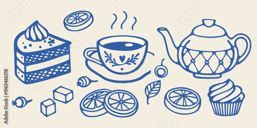 A charming blue line drawing of tea cake and citrus fruits