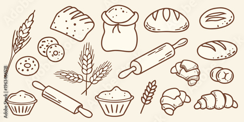 Hand drawn illustration of various breads wheat and baking tools