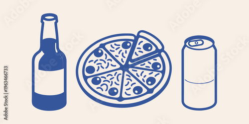 A simple illustration of pizza a soda and a bottle