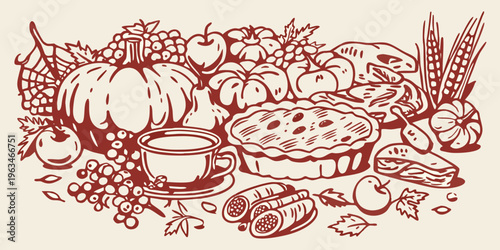 Autumn harvest illustration featuring pumpkins fruit pie and a steaming mug