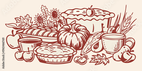 A bountiful harvest arrangement featuring fruits vegetables and baked goods