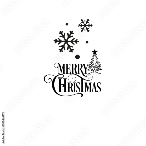 Elegant black and white merry christmas typography design featuring decorative snowflakes and a stylized winter holiday tree
