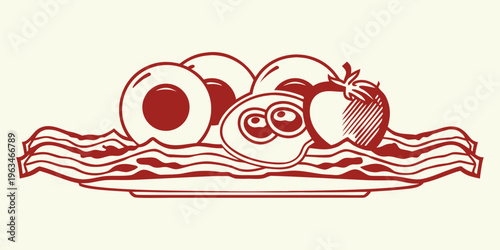 Cartoon eggs tomato and onion resting on a wavy striped platter