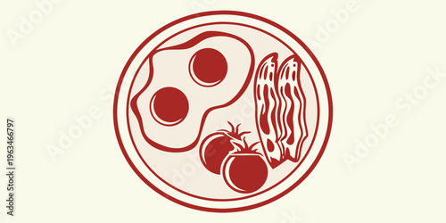 A red illustration of a breakfast plate with eggs bacon and tomatoes
