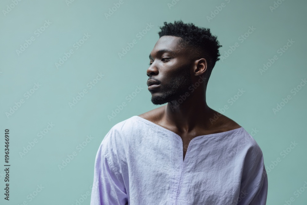 Obraz premium Male african adult threequarter portrait wearing loose white shirt on muted green background with contemplative pose