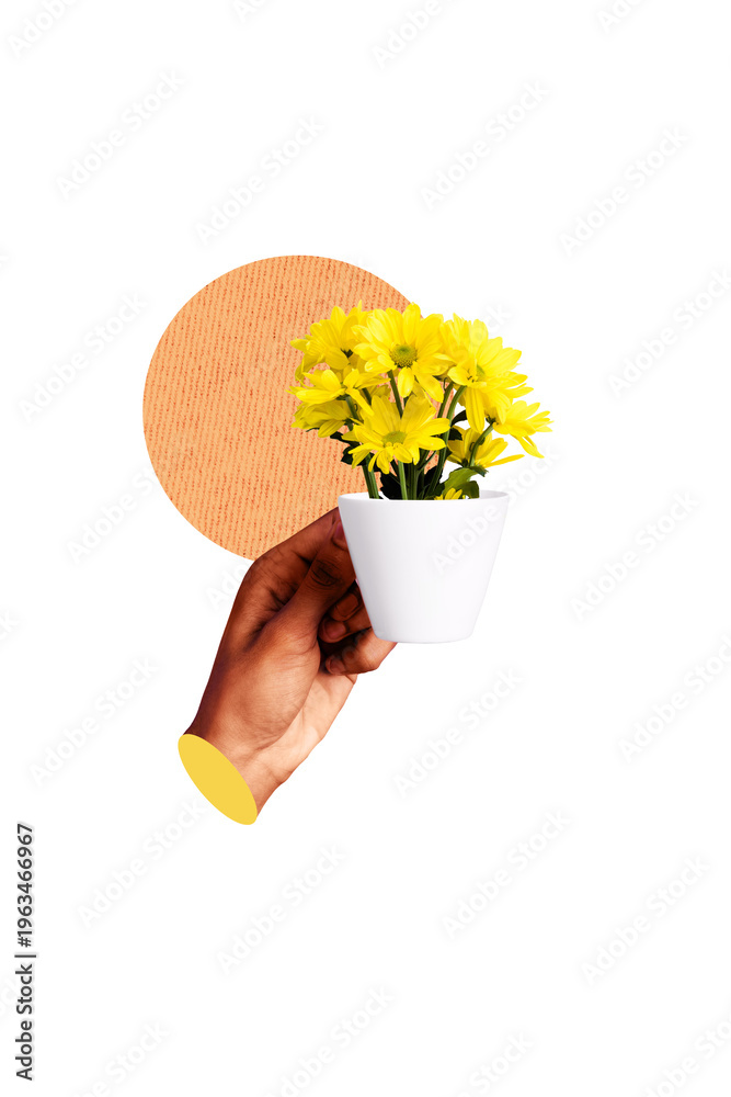Naklejka premium Collage vertical artwork of human arm hold cup fresh natural herbal tea isolated on drawing background