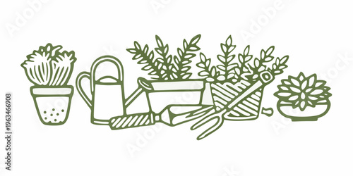 A collection of gardening tools and potted plants in green tones