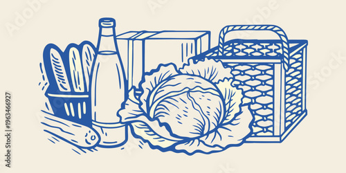 A blue line drawing depicts a picnic arrangement with food items