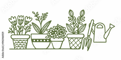 A collection of potted plants and gardening tools in green outline
