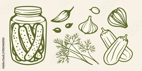 Illustration of pickled cucumbers in a jar with accompanying ingredients