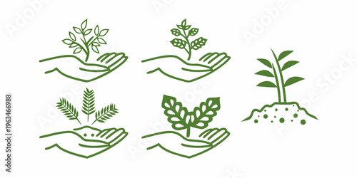 Hands nurturing young plants and foliage in a simple green style