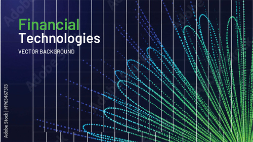 Financial Technologies vector background with digital data visualization, abstract fintech grid with glowing green and blue light particles, modern corporate tech concept isolated PNG with
