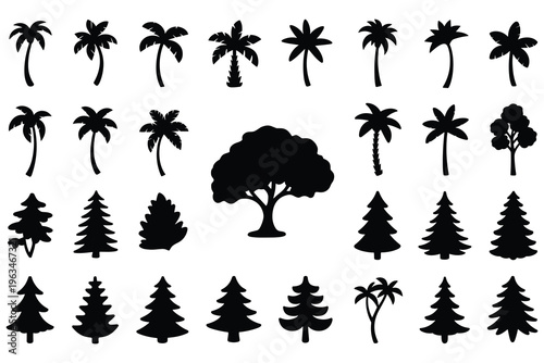Various Tree Silhouettes Collection: Palm Evergreen Oak Styles Isolated Vector Icons